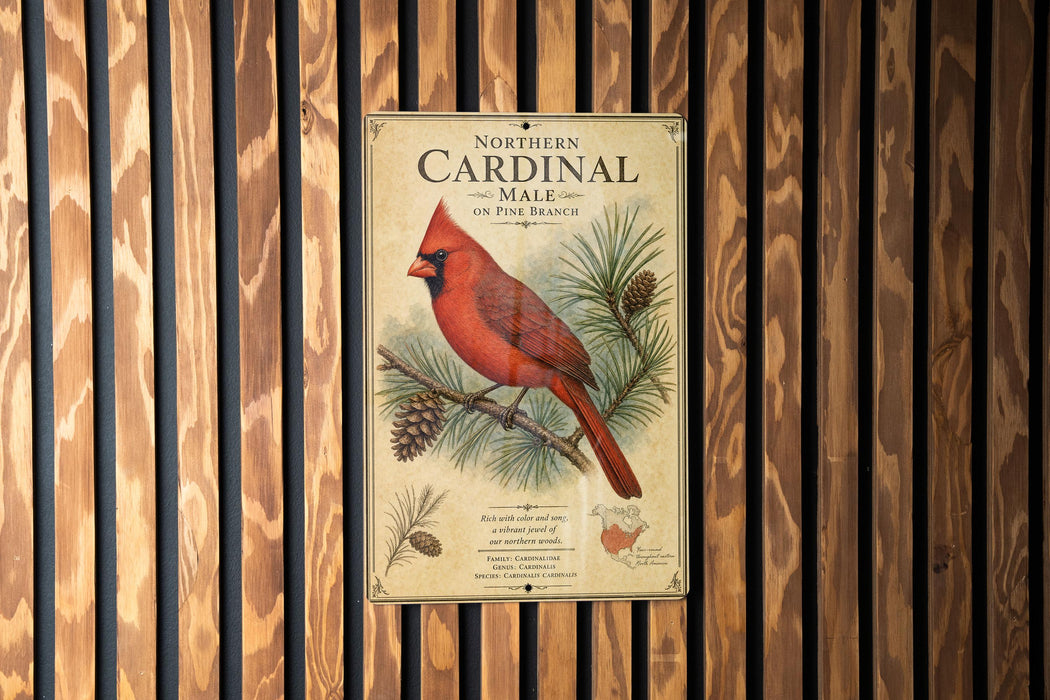 a poster of a red cardinal perched on a pine branch, mounted on a wooden wall.