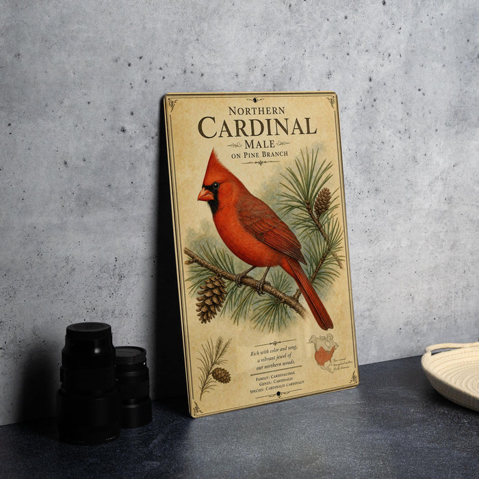 a wooden plaque with an illustration of a red cardinal perched on a pine branch, surrounded by pine cones and pine needles.