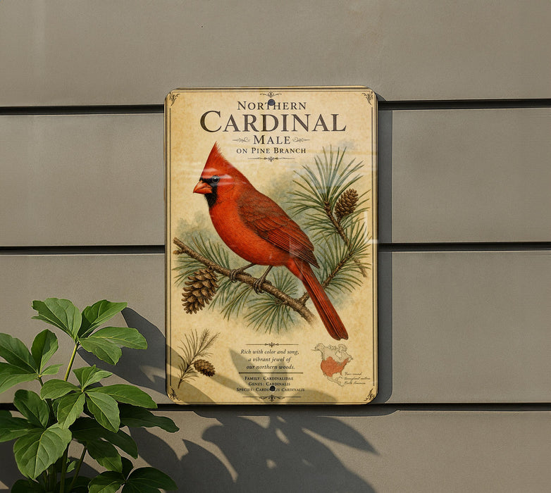 a vintage-style metal sign with a red cardinal perched on a pine branch, surrounded by pine cones and pine needles.