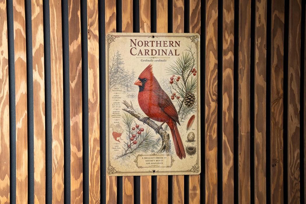 A vintage-style metal sign featuring a red cardinal bird perched on a branch, surrounded by pine cones and berries, mounted on a wooden wall.