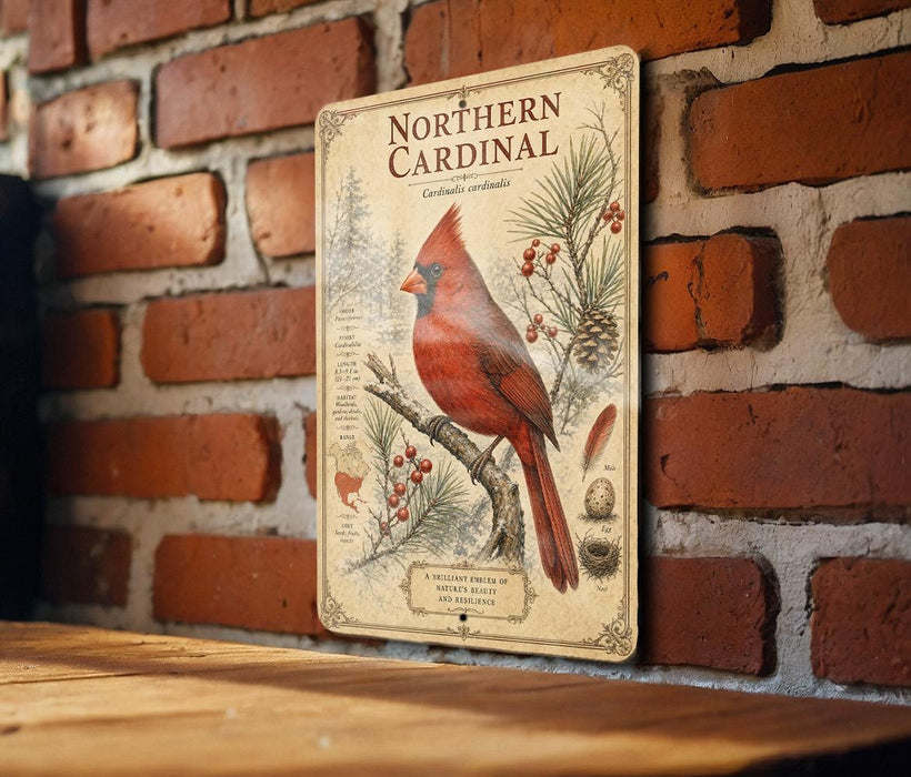 A vintage-style metal sign featuring a red cardinal bird on a branch, with illustrations of pine cones and berries, mounted on a brick wall.