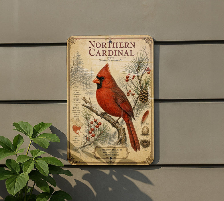 a vintage-style metal sign with a red cardinal perched on a branch, surrounded by pine cones and berries, mounted on a gray wall.