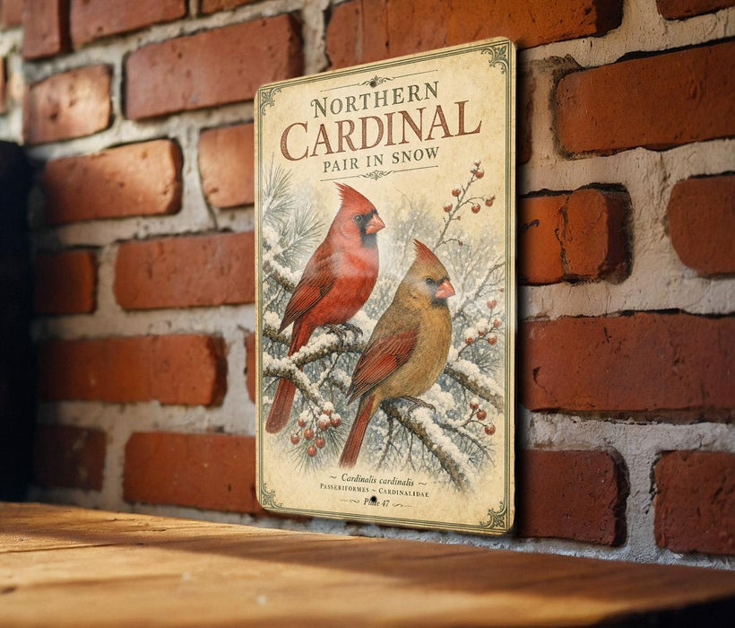 A vintage-style metal sign with illustrations of two red cardinals perched on a snowy branch, mounted on a brick wall.