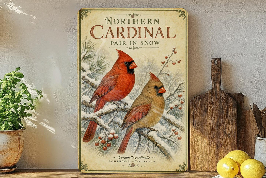 A vintage-style poster of two red cardinals perched on a snowy branch, with a wooden cutting board and a potted plant in the background.