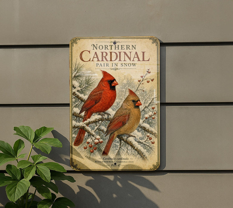 A metal sign with a winter scene of two red cardinals perched on a snow-covered branch, with pine trees and berries in the background.