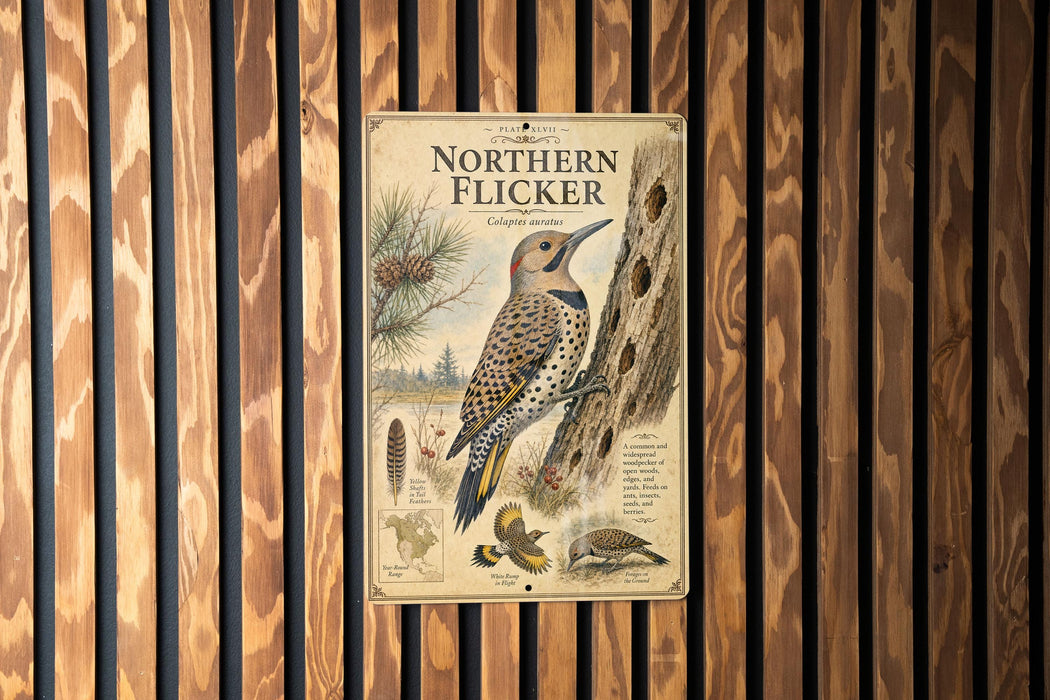 a detailed illustration of a Northern Flicker, a bird known for its distinctive appearance and behavior. The illustration includes a close-up of the bird's head and neck, as well as a detailed illustration of its wings and tail. The text on the image provides information about the Northern Flicker, including its habitat, diet, and behavior.