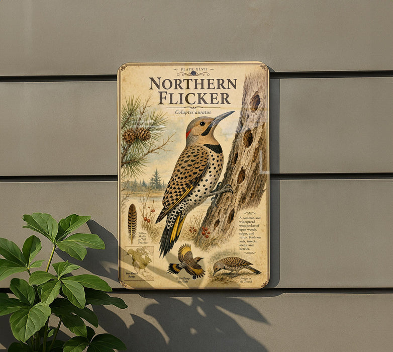 a vintage-style metal plaque with illustrations and text about the Northern Flicker, a bird species native to North America.