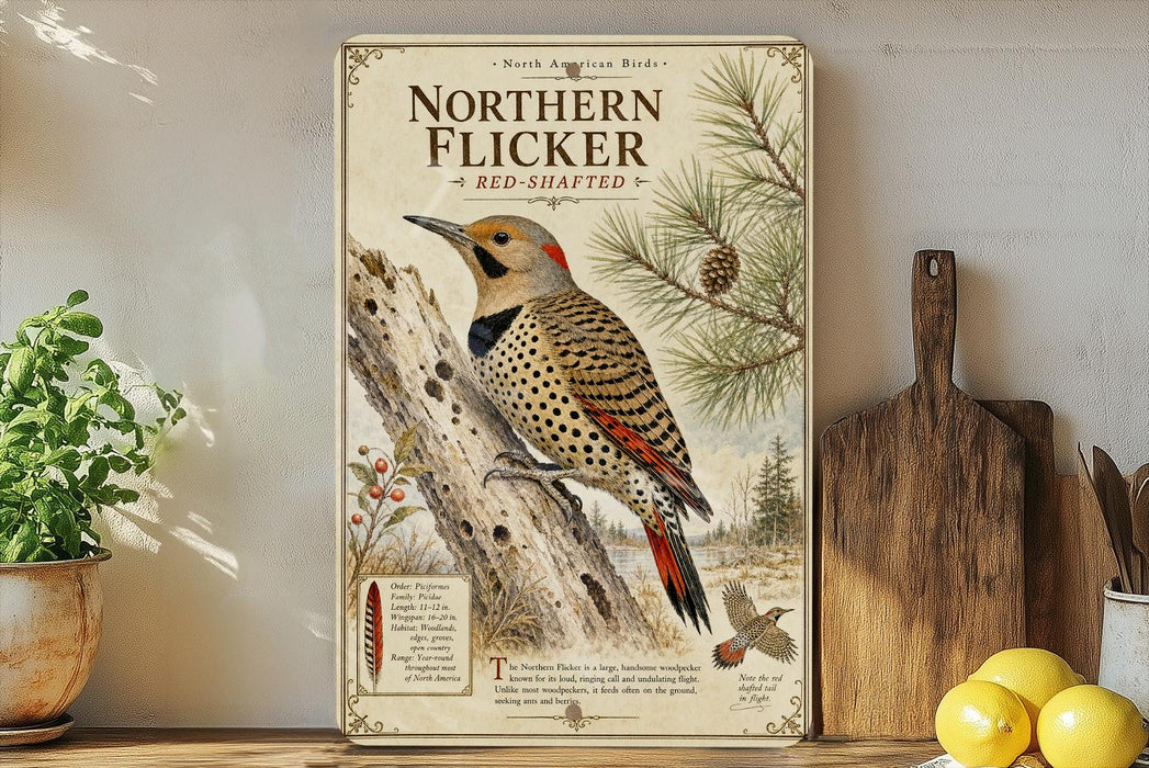 A framed illustration of a Northern Flicker, a bird with a distinctive red-shafted crest, is displayed on a shelf next to a wooden cutting board and a potted plant.