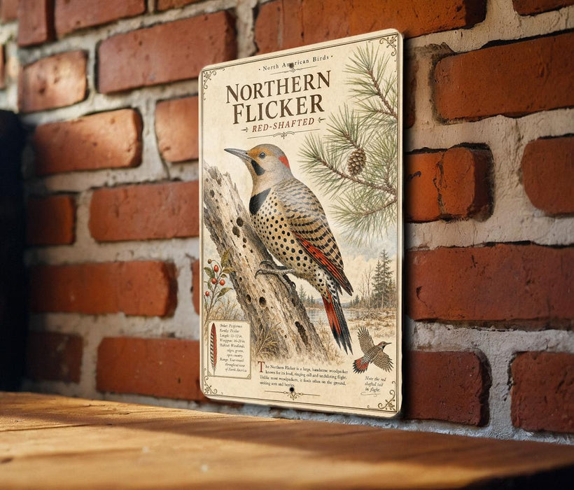 A vintage-style metal sign featuring a woodpecker perched on a tree trunk, with a brick wall in the background.
