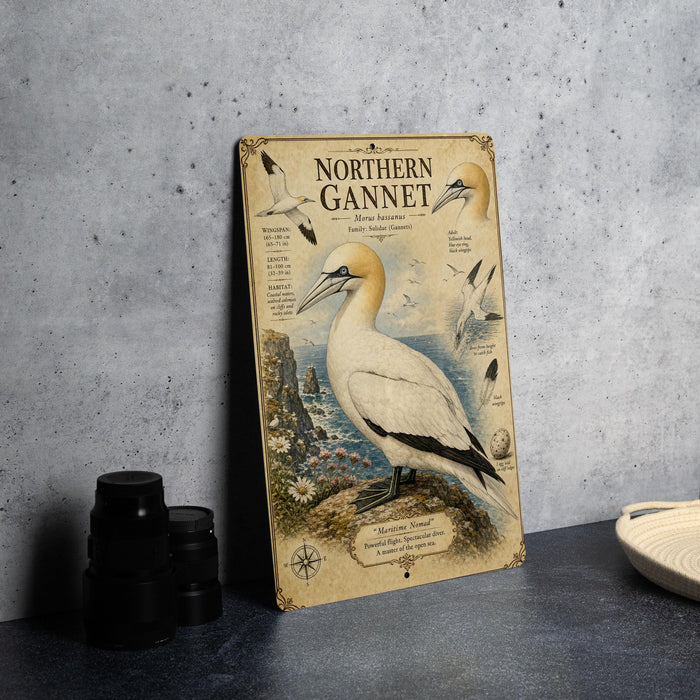 a framed illustration of a Northern Gannet bird, which is a type of seabird, standing on a rock with a coastal landscape in the background.