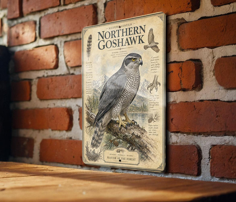 a poster of a Northern Goshawk, a bird of prey, mounted on a brick wall.