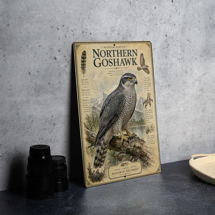 a framed illustration of a Northern Goshawk, a bird of prey, perched on a branch. The frame is placed on a table, with a stack of black camera lenses and a white bowl visible in the background.