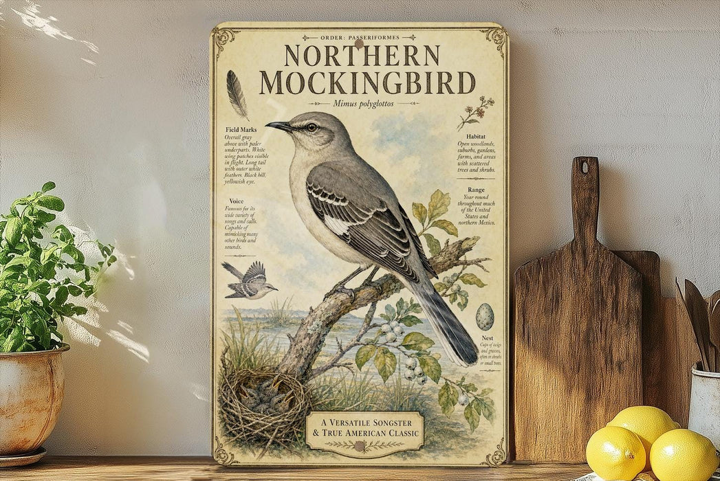 A vintage-style illustration of a Northern Mockingbird is displayed on a shelf, accompanied by a wooden cutting board and a potted plant.
