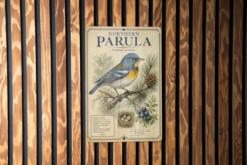 a poster of a bird, specifically a Northern Parula, hanging on a wooden wall.