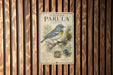 a poster of a bird, specifically a Northern Parula, hanging on a wooden wall.