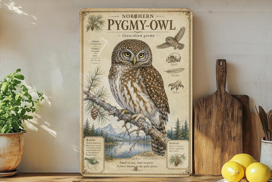 a wooden board with an illustration of a Northern Pygmy Owl, accompanied by various owl-related illustrations and text. The board is placed on a wooden shelf, with a potted plant, a cutting board, and some lemons nearby.