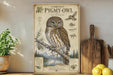 a wooden board with an illustration of a Northern Pygmy Owl, accompanied by various owl-related illustrations and text. The board is placed on a wooden shelf, with a potted plant, a cutting board, and some lemons nearby.