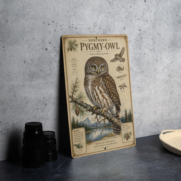 a wooden sign with illustrations and text about a Northern Pygmy- Owl, which is a type of owl.