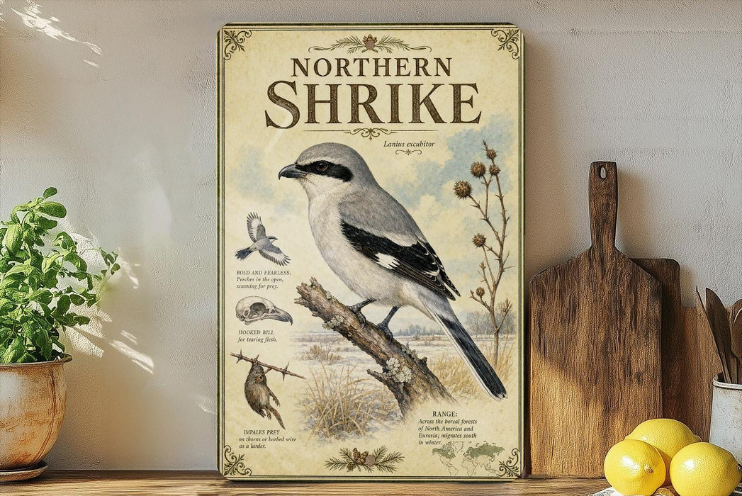 a poster or painting of a Northern Shrike, a bird species, displayed on a wall. The poster includes a detailed illustration of the bird and its natural habitat, as well as information about the species.