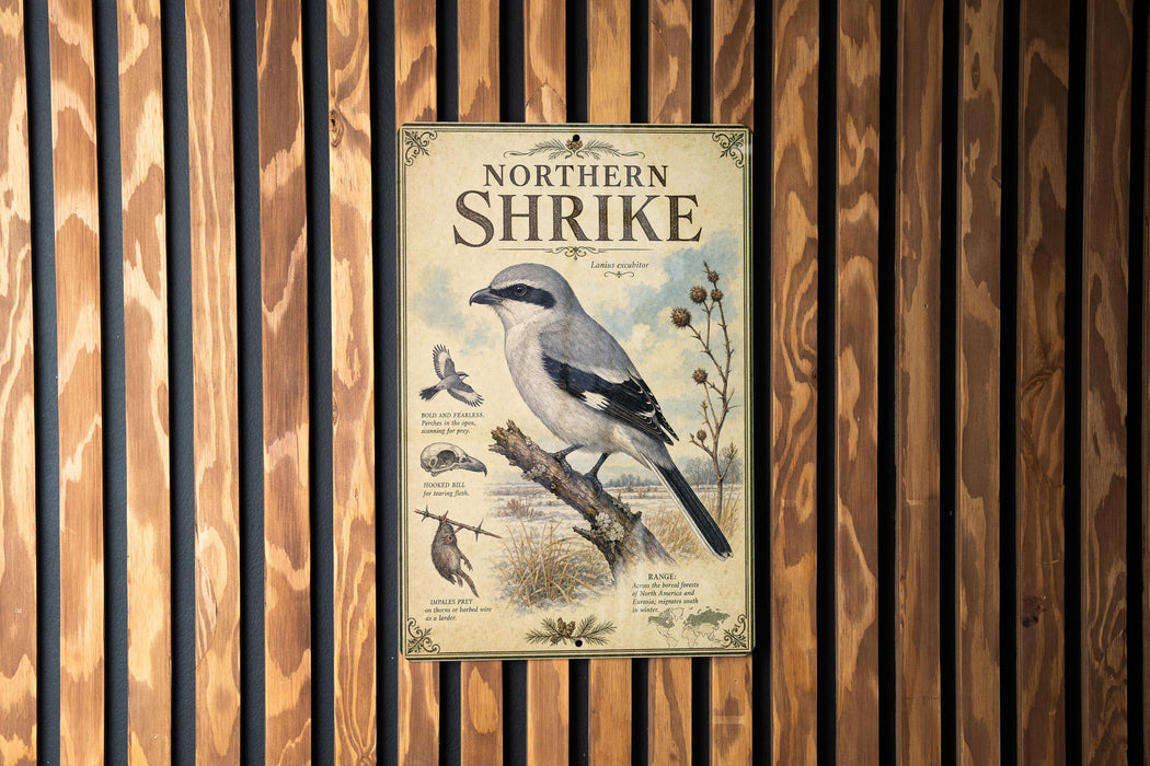 a poster of a Northern Shrike, a bird species, mounted on a wooden wall.