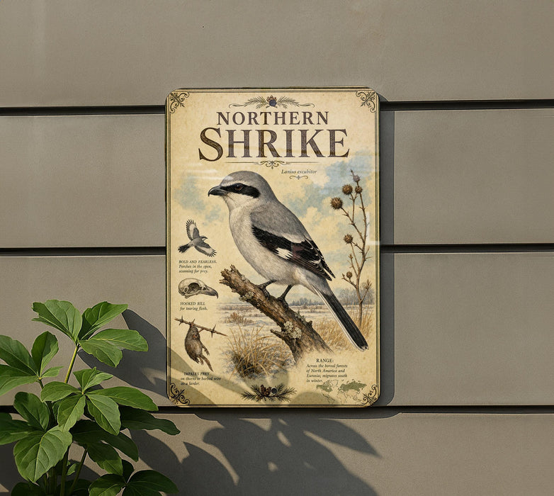 a vintage-style metal sign with illustrations and text, mounted on a wall next to a plant.