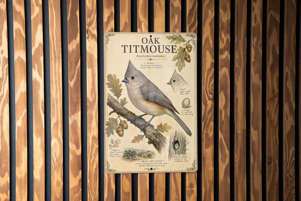 a poster of an oak titmouse, a small bird with a gray and brown coloration, perched on a branch with leaves and acorns.