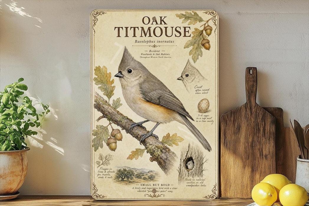 a framed illustration of an oak titmouse perched on a tree branch, accompanied by detailed illustrations and text.