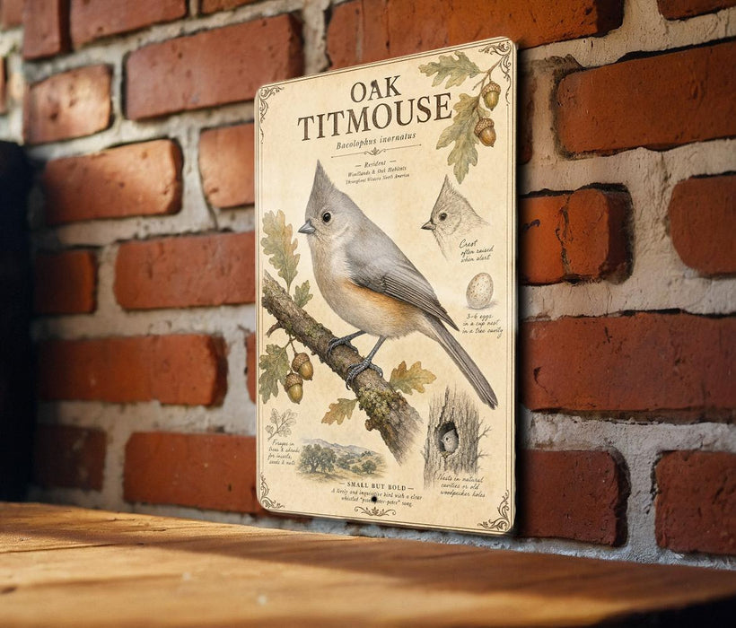 a vintage-style illustration of an oak titmouse perched on a branch, with detailed botanical illustrations and text providing information about the bird.