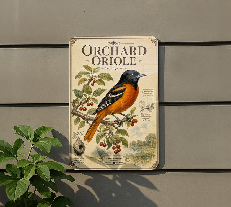 a vintage-style metal sign with an illustration of an oriole bird perched on a branch with berries, set against a backdrop of a tree and a house.