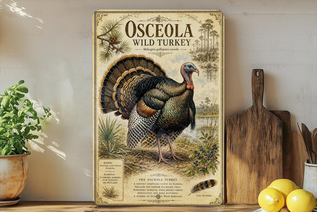 a poster of an ostrich, specifically a wild turkey, displayed on a shelf next to a wooden cutting board and some potted plants.