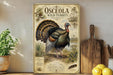 a poster of an ostrich, specifically a wild turkey, displayed on a shelf next to a wooden cutting board and some potted plants.