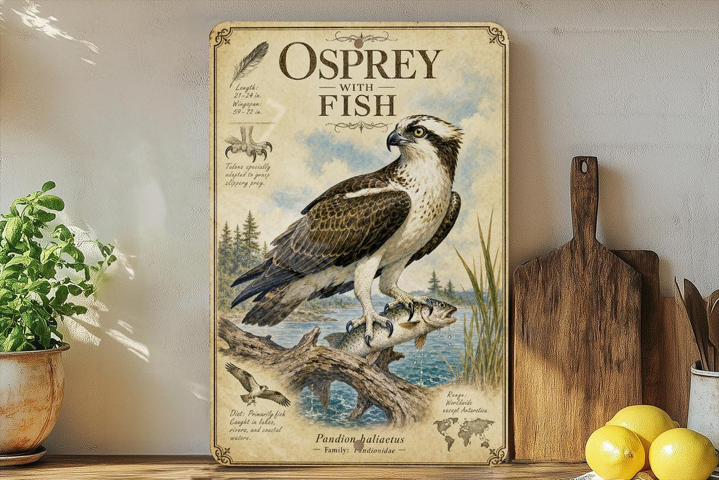 a vintage-style poster of an osprey with fish, displayed on a shelf next to a wooden cutting board and some lemons.