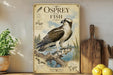 a vintage-style poster of an osprey with fish, displayed on a shelf next to a wooden cutting board and some lemons.