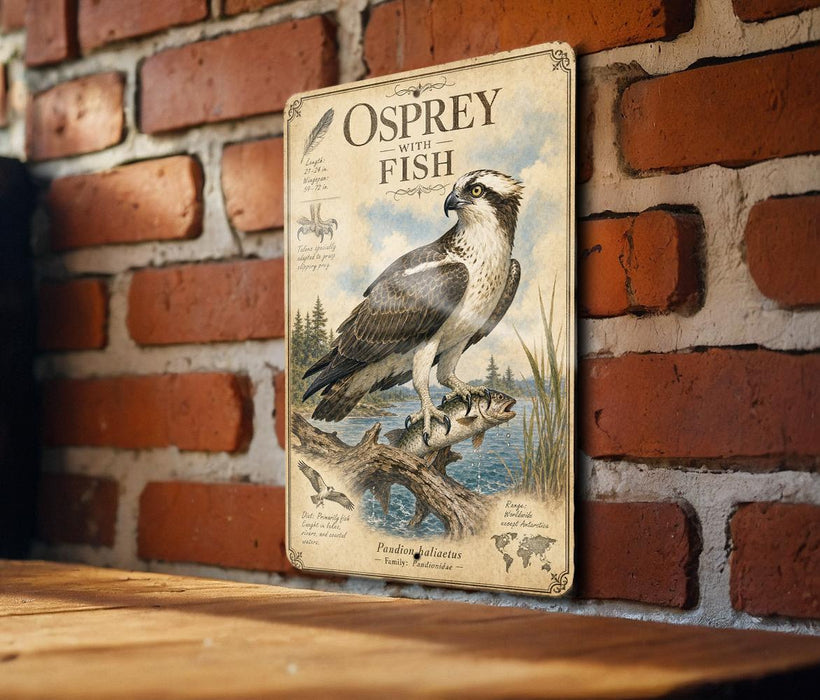 a vintage-style metal sign with an illustration of an osprey, a bird of prey, perched on a branch and holding a fish. The sign is mounted on a brick wall, and there is a wooden table below it.