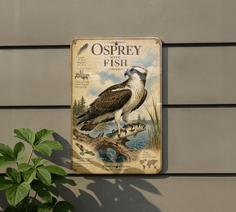 a vintage-style metal sign with an illustration of an osprey, a bird of prey, perched on a branch with a fish in its talons. The sign is mounted on a wall and is surrounded by greenery, including a plant to the left.
