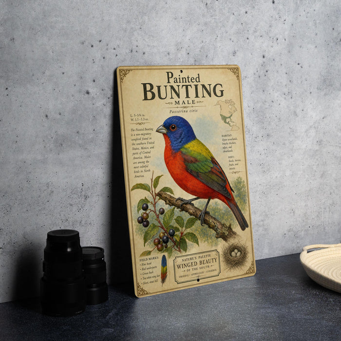 A vintage-style metal plaque with a colorful illustration of a bird perched on a branch, surrounded by text and illustrations.