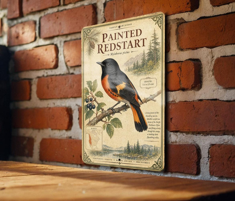 a vintage-style metal sign with a painted redstart bird on a branch, mounted on a brick wall.