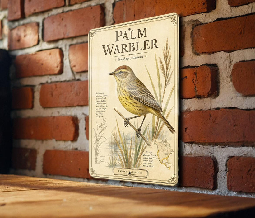 a vintage-style metal sign with a detailed illustration of a yellow warbler bird perched on a branch, mounted on a brick wall.