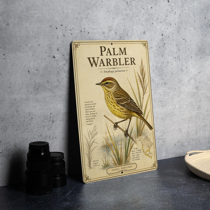 A framed illustration of a yellow warbler bird is displayed on a table, accompanied by a plate and a stack of black camera lenses.
