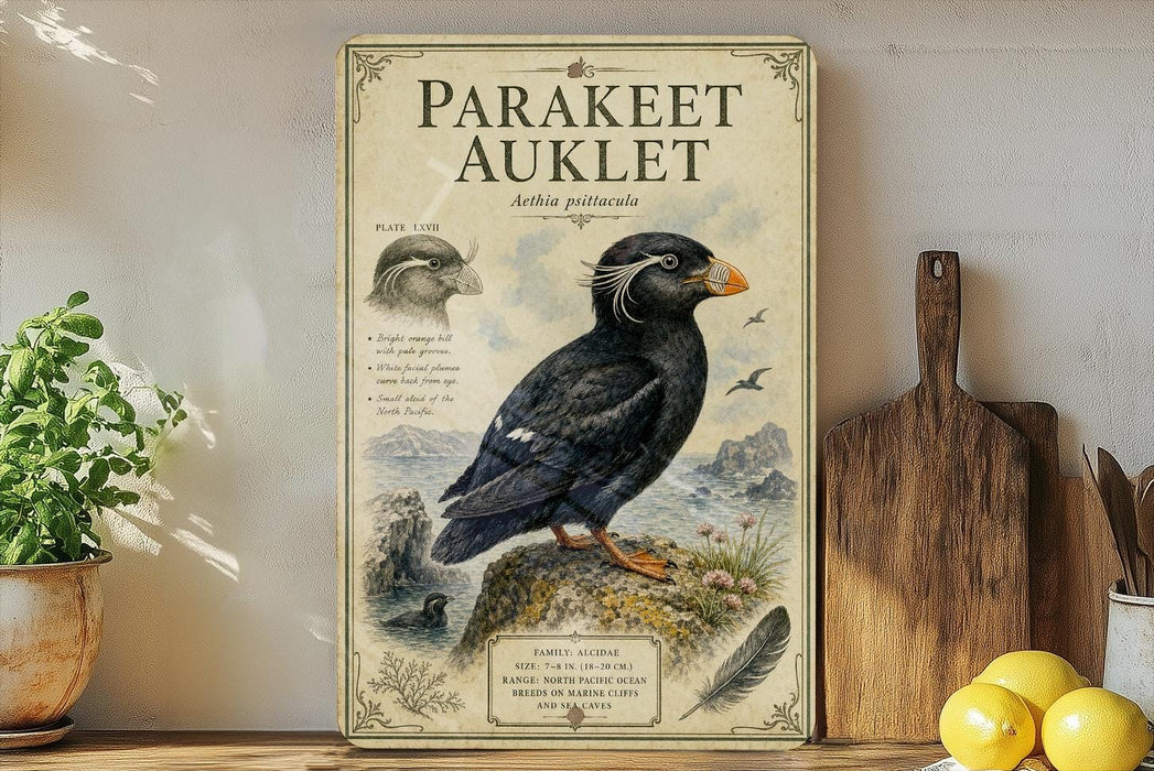 a vintage-style illustration of a parakeet, with a wooden board displaying the title "Parakeetauklet" and additional text. The illustration also includes a detailed illustration of the parakeet in flight and perched on a rock. The background of the illustration depicts a natural landscape with mountains and water. The image is set on a wooden shelf, with a potted plant and a wooden cutting board visible in the background.