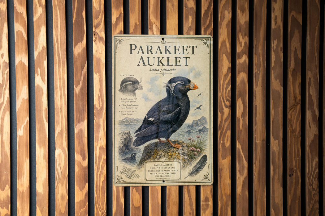a poster of a parakeet, which is a type of small, colorful bird, displayed on a wooden wall.