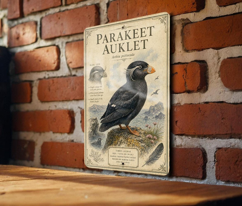 a vintage-style illustration of a parakeet, with a brick wall in the background.