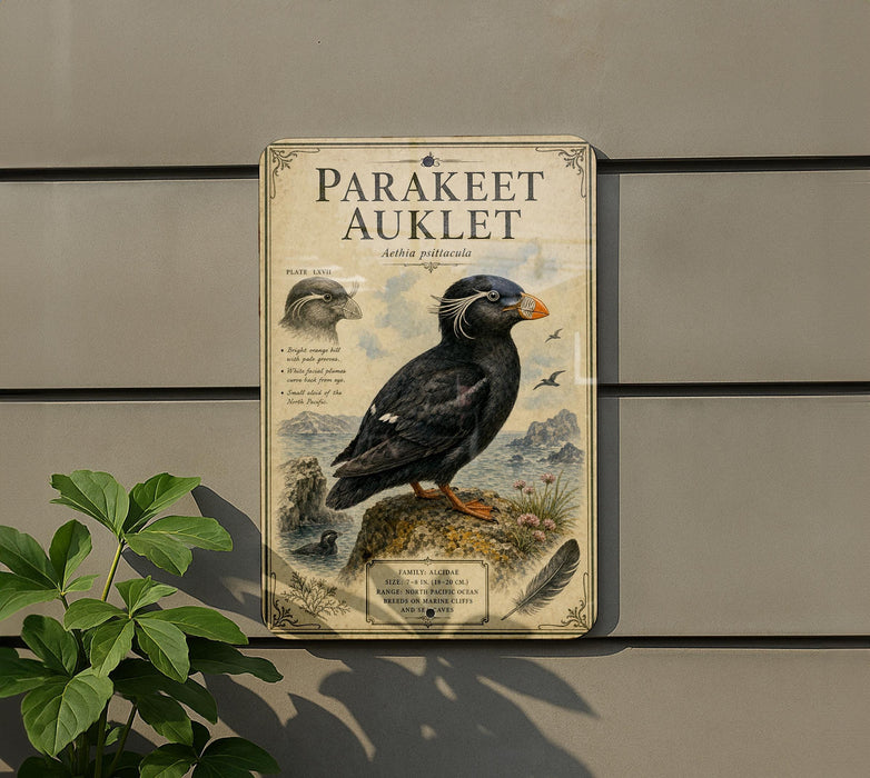 a vintage-style metal plaque with an illustration of a parakeet perched on a rock, surrounded by various natural elements.