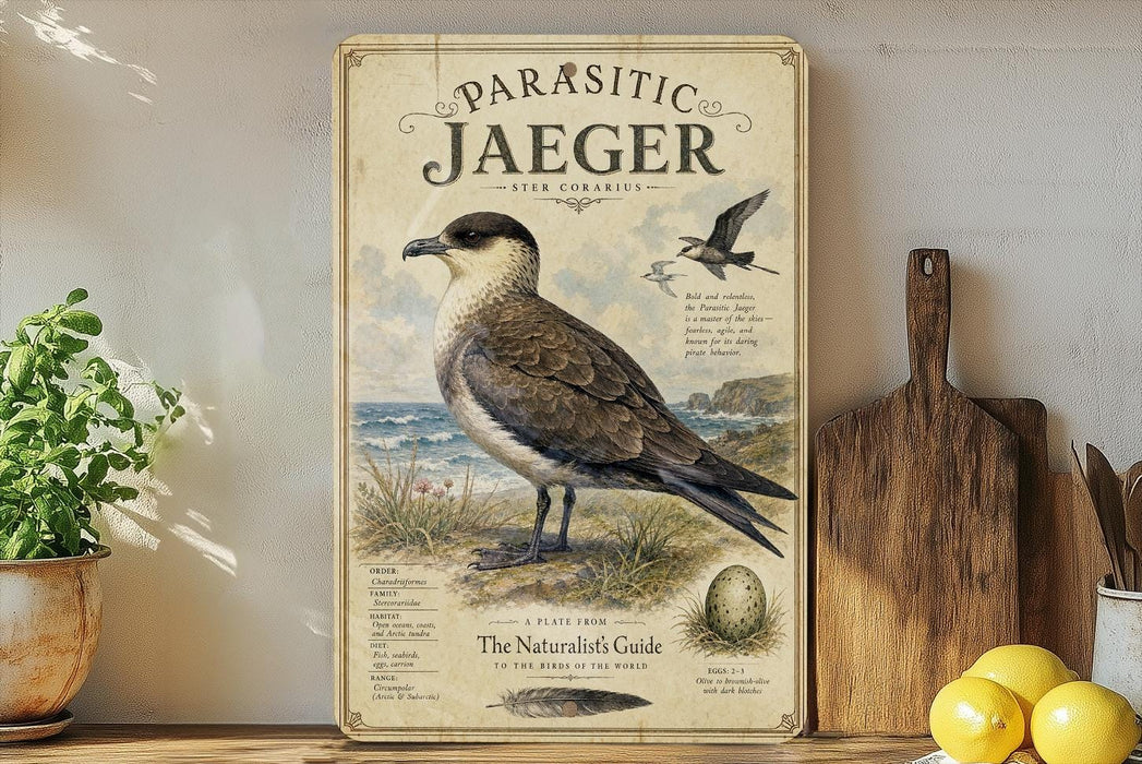 a poster of a parasite jaeger, a bird, on a shelf next to a wooden cutting board and some lemons.