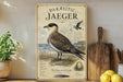 a poster of a parasite jaeger, a bird, on a shelf next to a wooden cutting board and some lemons.