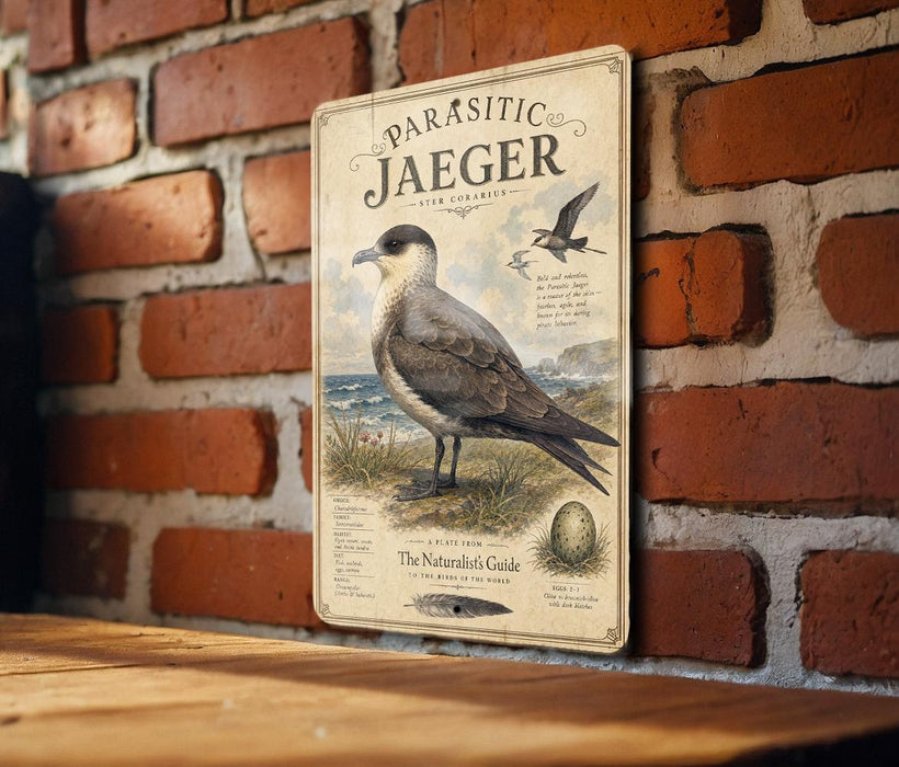 a vintage-style poster of a Parasitic Jaeger, a bird species, mounted on a brick wall.