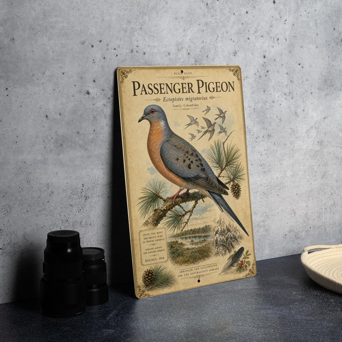 a vintage-style metal sign with an illustration of a passenger pigeon, placed on a table next to some black camera lenses.