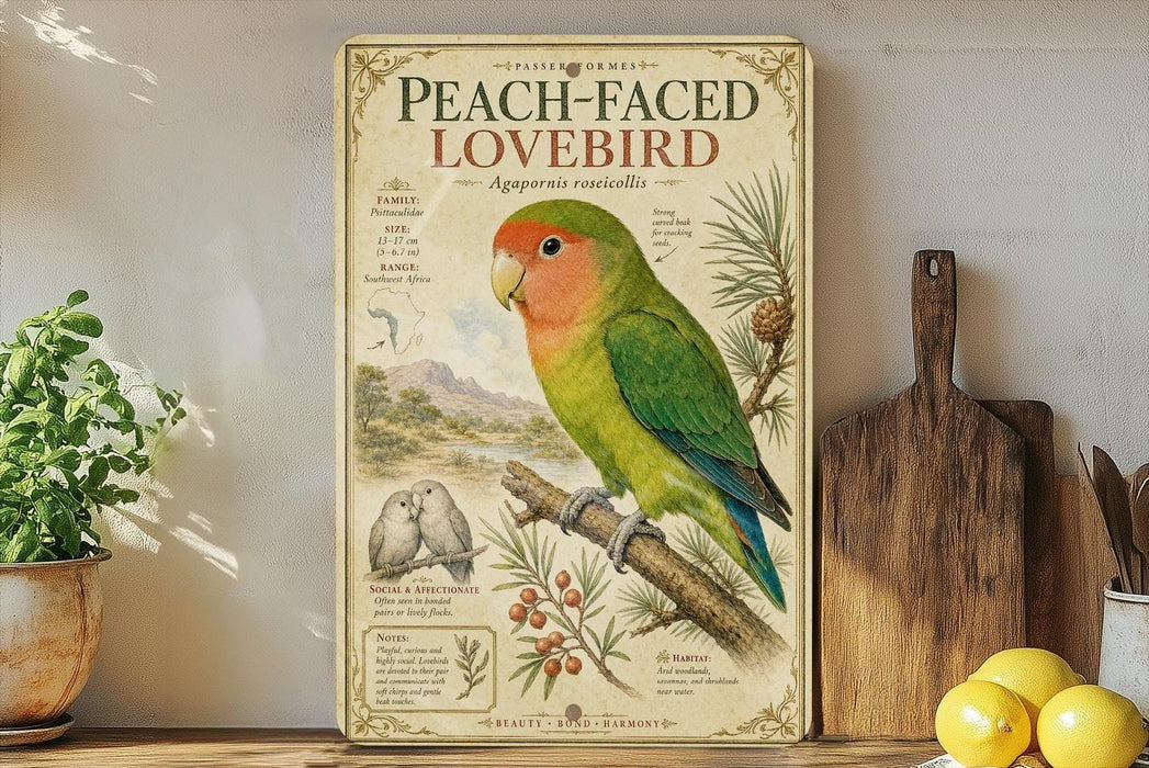 A vintage-style poster of a peach-faced lovebird, featuring a detailed illustration of the bird perched on a branch with other birds and plants. The poster is displayed on a shelf next to a wooden cutting board and a potted plant.