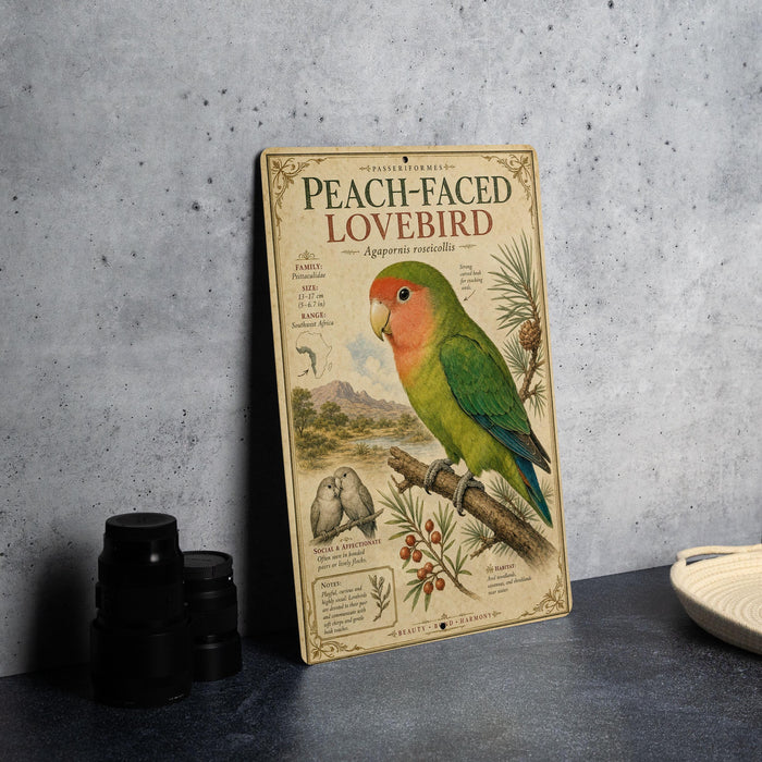 A vintage-style illustration of a peach-faced lovebird, featuring detailed illustrations of the bird and its natural habitat, along with text providing information about the species.