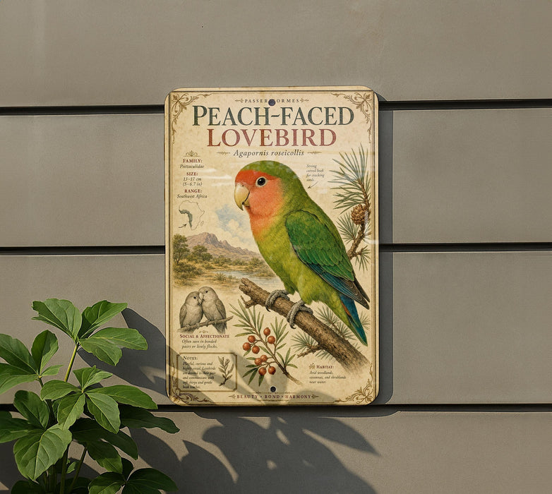 a vintage-style metal sign with a colorful illustration of a peach-faced lovebird perched on a branch, surrounded by various bird-related elements.